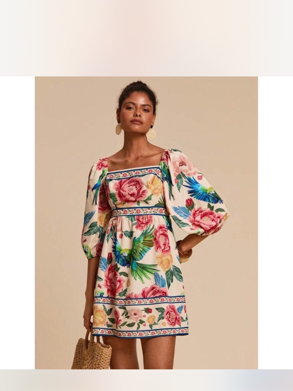 Source Unknown Cream Floral & Parrot Puff-Sleeve Mini Dress